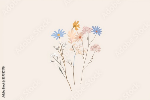 Simple floral arrangement with blue, pink, and yellow flowers on a white background.
