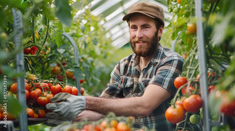 Fototapeta premium A male farmer harvests tomatoes in a greenhouse. The concept of natural products, agriculture, and environmentally friendly food.