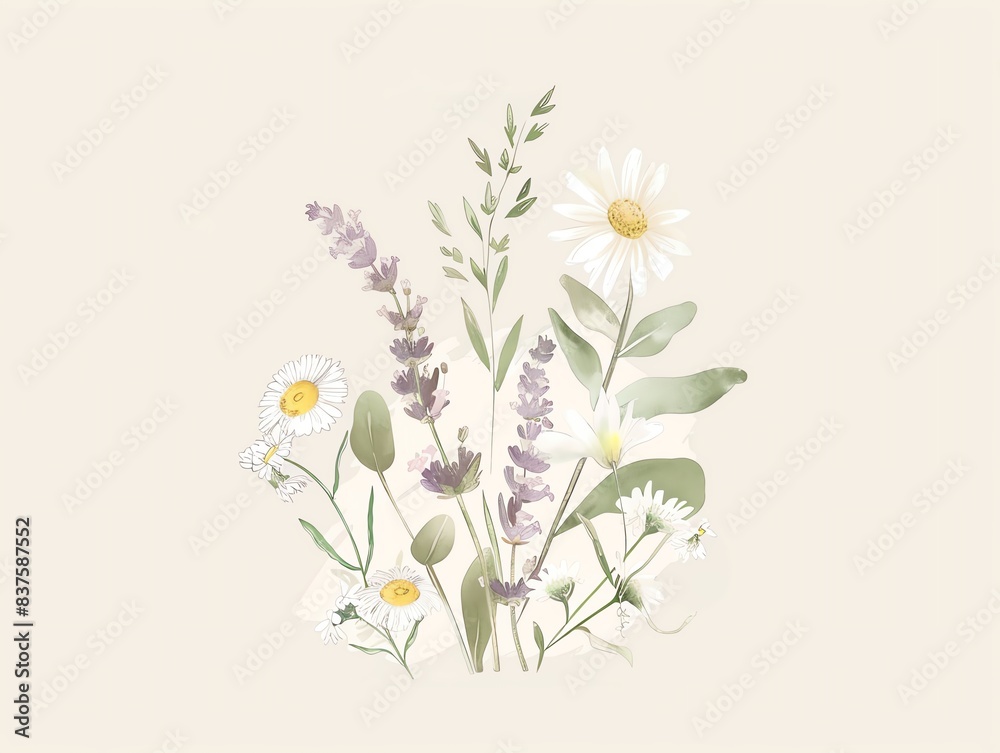 Naklejka premium Watercolor illustration of a delicate bouquet of lavender and daisies.
