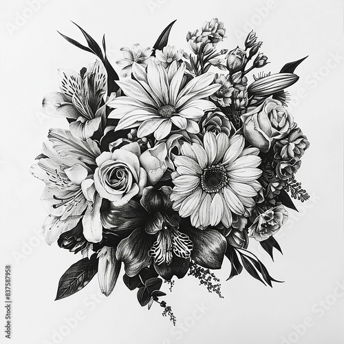 zeichnung, abbildung, dekor, vektor, floral, Blumen, blumenstrauss, kunst, schwarz, hintergrund, weiß, drawing, illustration, décor, vector, floral, flowers, bouquet, art, black, background, white