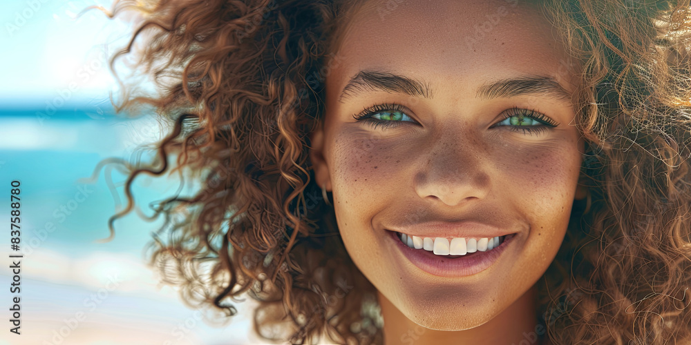 close up portrait of an attractive young woman with curly hair, generative AI close up portrait of an attractive young woman with curly hair, generative AI