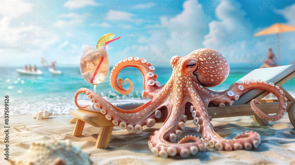 Naklejka premium A cute pink octopus with a tropical cocktail is relaxing on a sun lounger on the beach. The concept of a vacation at sea.