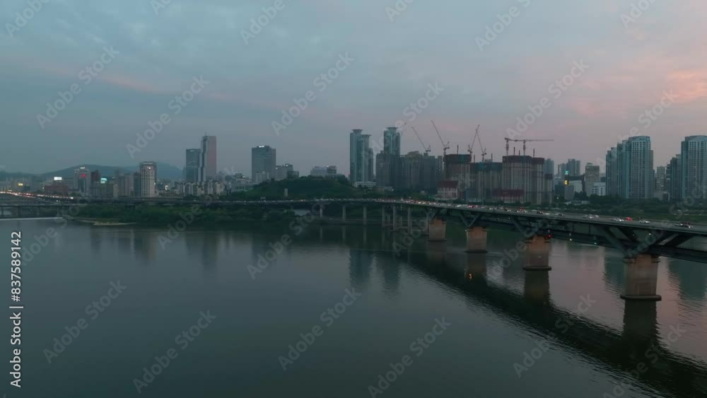 Drone View of Seoul city in South Korea, Ttukseom Island, Han river subway, Summer