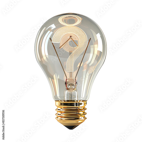 Light bulb with a question mark inside, symbolizing ideas, innovation, and curiosity, isolated on a white background. photo