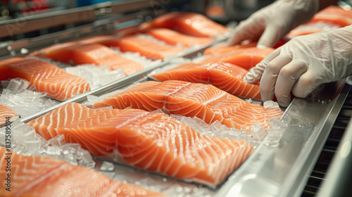 Worker Hand-Placing Fresh Fillets in Conveyor for Vacuum Sealing Process