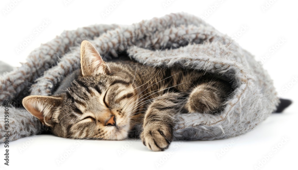 Fototapeta premium A cute tabby kitten sleeping soundly under a gray blanket.