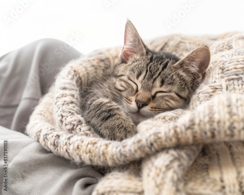 A cute tabby kitten is sleeping soundly, wrapped in a cozy blanket.