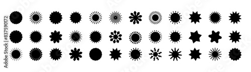 Black blank stickers promo set. Collection of flat starburst , sale or price tag, quality mark design, retro discount badge, sunray promotional element isolated on white background. Vector badges