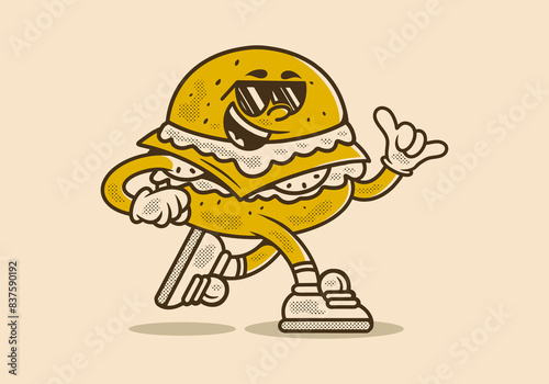 Vintage mascot character illustration of running burger