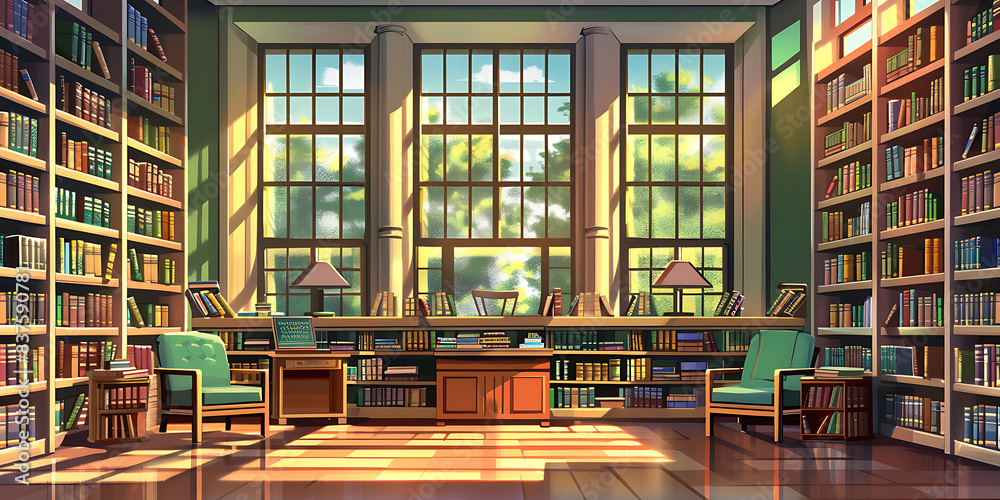 library, 2d cartoon A cozy library with tall bookshelves filled with books, comfortable reading chairs, a librarian’s desk, and sunlight streaming in through large windows. library, 2d cartoon A cozy library with tall bookshelves filled with books, comfortable reading chairs, a librarian’s desk, and sunlight streaming in through large windows.