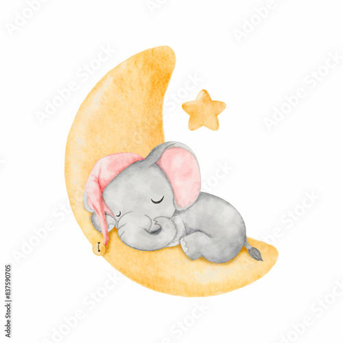 Watercolor baby elephant sleeping on the moon. African baby animal for baby shower girl, nursery decorations, birthday invitations vector
