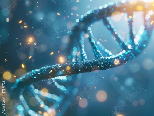 A glowing blue DNA helix against a bokeh background.
