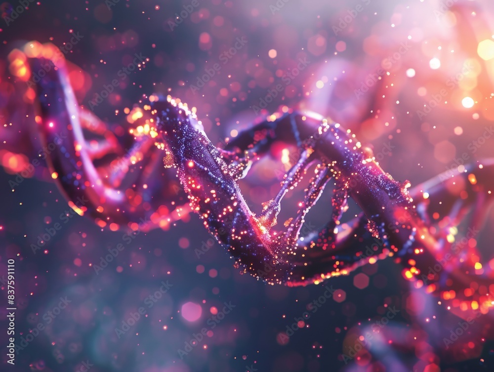 A glowing, abstract representation of a DNA helix, surrounded by particles of light. A glowing, abstract representation of a DNA helix, surrounded by particles of light.