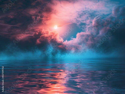 A serene seascape with a dramatic sky  illuminated by a glowing orb. The water reflects the vibrant colors of the clouds.