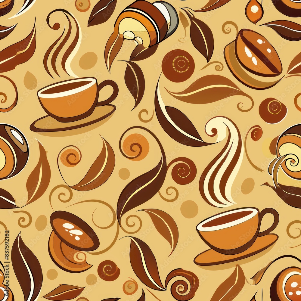 Obraz premium Seamless pattern of steaming coffee cups with coffee beans and swirls, Generative AI