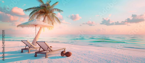 3d deck chair with palm tree and coconuts on the seaside, summer concept background