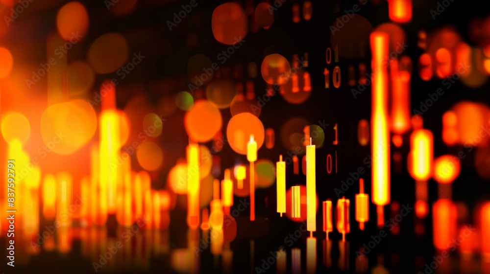 Abstract background with blurred lights and digital data. Red and yellow color palette. Financial, technology, and future concepts. Abstract background with blurred lights and digital data. Red and yellow color palette. Financial, technology, and future concepts.