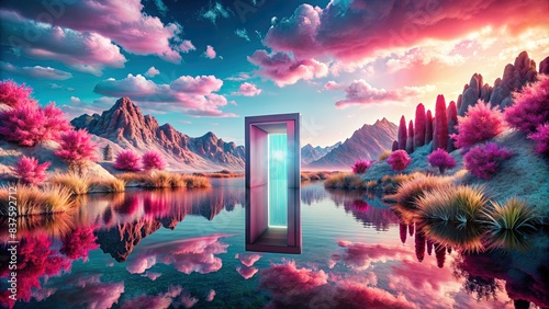 Fantastical futuristic lake with pink shores and a door in the middle, embodying psychedelia and escapism, surreal, futuristic, lake, pink, door, psychedelic, surrealism, fantasy, dreamlike photo