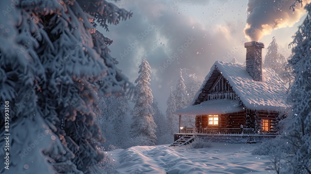 An illustration of a winter cabin nestled in a snowy forest against a mountainous landscape serves as a captivating wallpaper with a natural background. An illustration of a winter cabin nestled in a snowy forest against a mountainous landscape serves as a captivating wallpaper with a natural background.