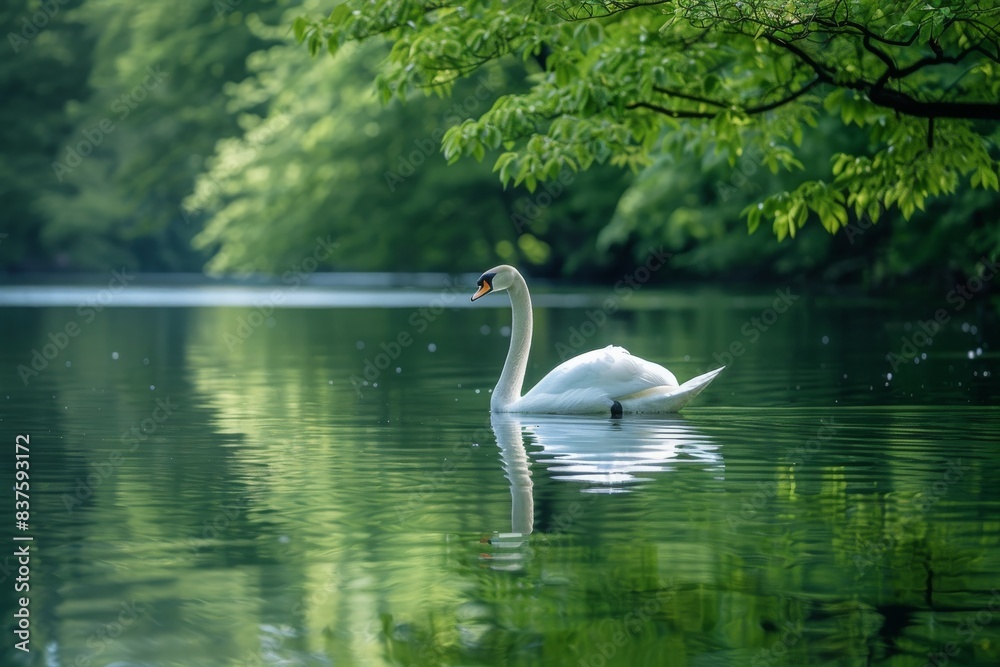 Obraz premium A serene scene of a white swan gliding on a calm lake surrounded by lush green trees, reflecting perfectly in the tranquil water.