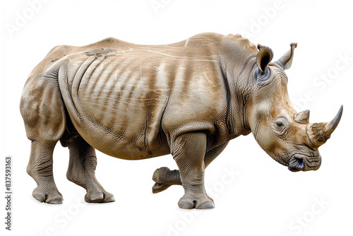 A rhino charging, muscles tense, isolated on a white background