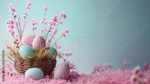 Cheerful Parisian Easter with Pink Blossoms and Hued Eggs photo