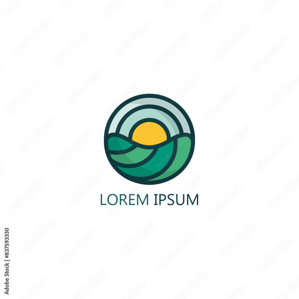 Vector logo with round shape landscape, horizon land with sunrise for ecosystem, farming, eco, bio brand. Unique logotype Vector logo with round shape landscape, horizon land with sunrise for ecosystem, farming, eco, bio brand. Unique logotype