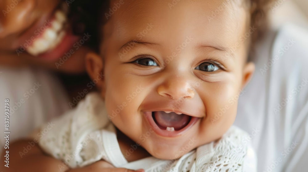 Adorable mixed race baby smiling in parents arms, radiating joy and innocence Adorable mixed race baby smiling in parents arms, radiating joy and innocence
