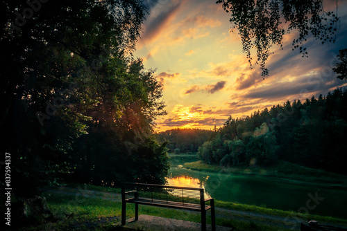 Beautiful Eixendorfer reservoir with a sunset in the back. 