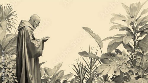 Fiacre with Flourishing Plants, Monastic Attire, Garden Scene, Biblical Illustration, Beige Background, Copyspace photo