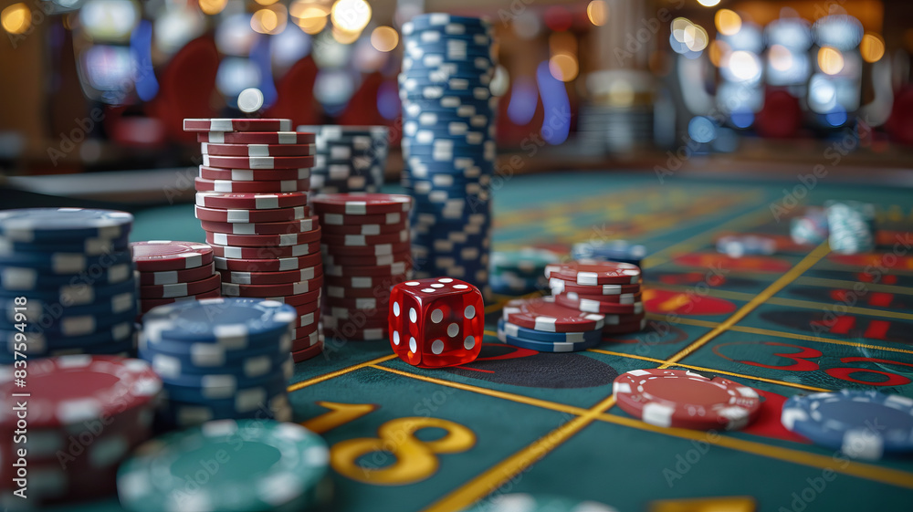 3D online casino with smartphone or mobile phone, dice, cards, and roulette on a green table.generative ai 3D online casino with smartphone or mobile phone, dice, cards, and roulette on a green table.generative ai