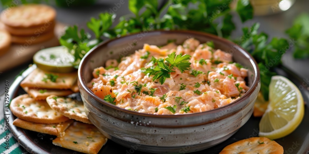 Smoked salmon dip in bowl, on platter with crackers Smoked salmon dip in bowl, on platter with crackers