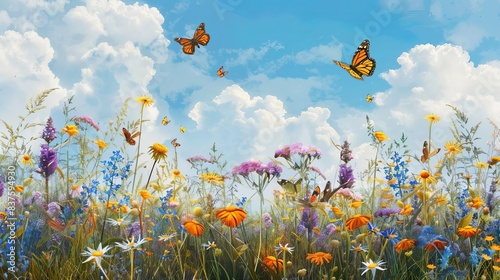 Vibrant wildflower meadow under a bright  blue sky with butterflies fluttering. Ideal for nature  spring  and outdoor themes.
