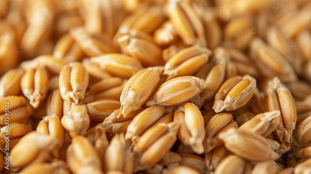 Close-up view of golden wheat kernels, representing agriculture and harvest