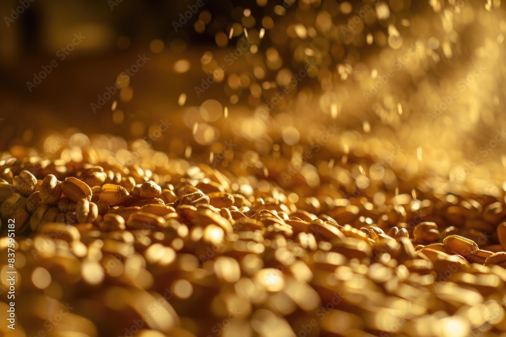 Close-up view of golden wheat kernels, representing agriculture and harvest Close-up view of golden wheat kernels, representing agriculture and harvest
