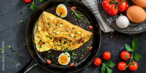 A well-prepared omelette with cherry tomatoes and fresh herbs