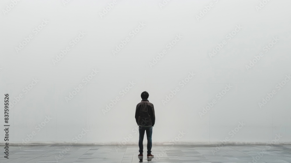 Man standing looking at a blank white wall, white background. Man standing looking at a blank white wall, white background.