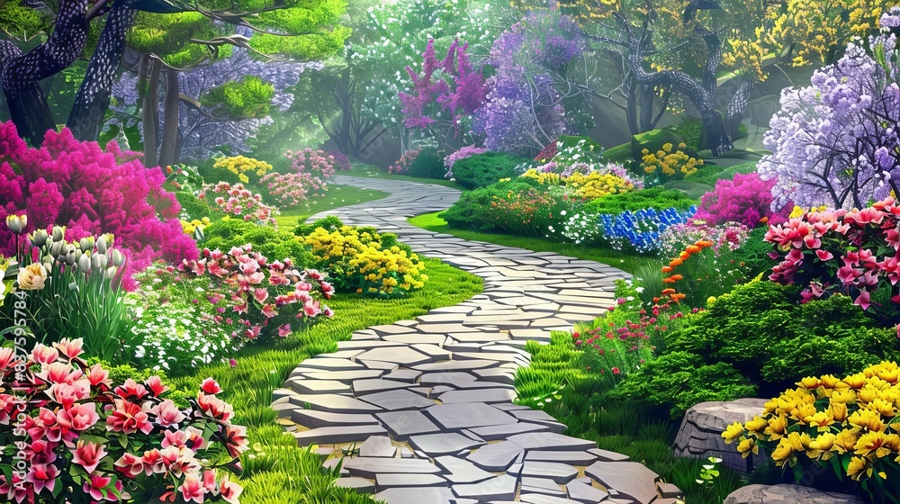 Obraz premium A serene, vibrant garden path lined with flowers and lush greenery under a bright sky, inviting a peaceful walk.