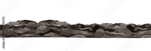 Soil pile seamless border watercolor painted illustration. Hand drawn ground background isolated on white background. Dark soil heap endless border. Organic compost for growing plants illustration