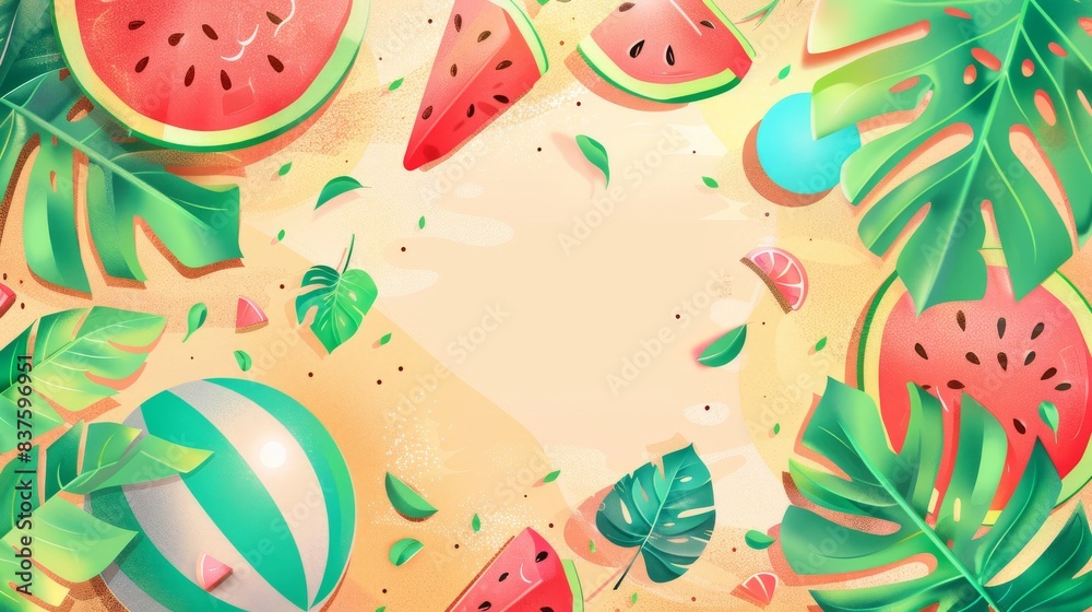 A bright, fresh illustration with summer elements like watermelon slices, tropical leaves, and beach balls, with an empty space in the center for copy A bright, fresh illustration with summer elements like watermelon slices, tropical leaves, and beach balls, with an empty space in the center for copy