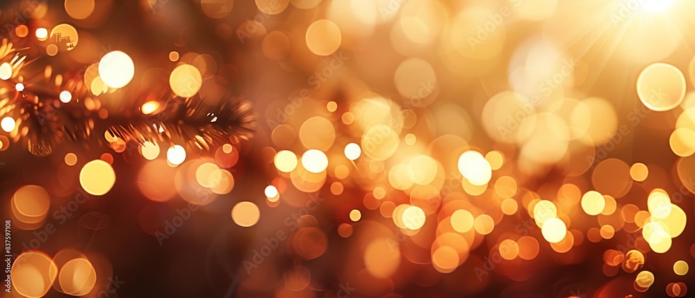 Festive holiday background with golden bokeh lights and blurred decorative elements creating a warm and cozy atmosphere. Festive holiday background with golden bokeh lights and blurred decorative elements creating a warm and cozy atmosphere.