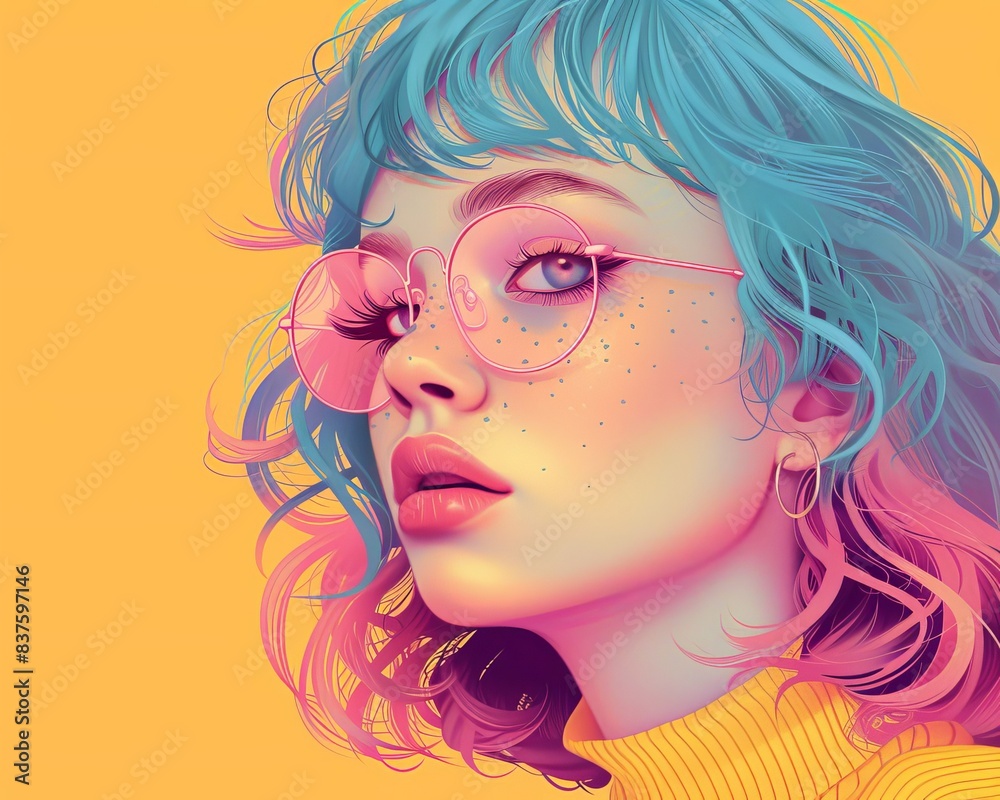 Vibrant digital art of a stylish woman with blue and pink hair, pink glasses, and a yellow sweater against a bright background. Vibrant digital art of a stylish woman with blue and pink hair, pink glasses, and a yellow sweater against a bright background.