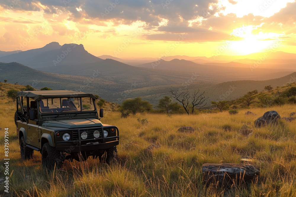Fototapeta premium Safari Vehicle Parked in Field With Mountains in Background. Generative AI