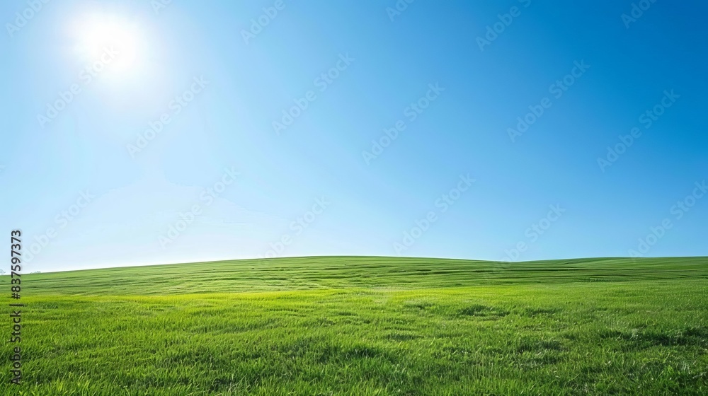 Bright sunny day in a lush green field with clear blue sky. Perfect for nature and landscape backgrounds showcasing tranquility and simplicity. Bright sunny day in a lush green field with clear blue sky. Perfect for nature and landscape backgrounds showcasing tranquility and simplicity.