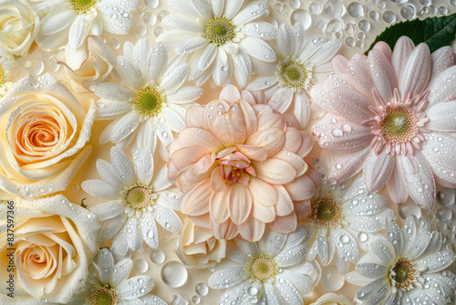 Fresh flowers with dewdrops on a cream background