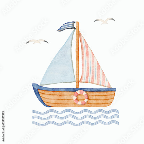 Watercolor ship with children's adventure watercolor style vector