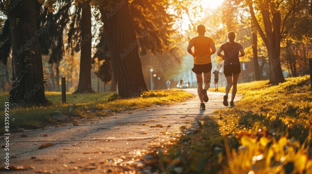 Fototapeta premium Two people jogging in a park during a golden sunrise, surrounded by trees and greenery, enjoying a refreshing morning run.