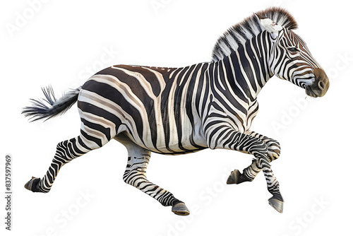 A zebra running  legs fully extended  isolated on a white background