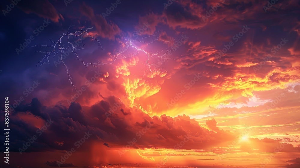 Fototapeta premium A serene sunset with an electric storm brewing in the distance generated by AI