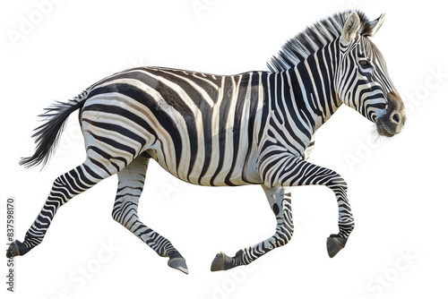 A zebra running  legs fully extended  isolated on a white background